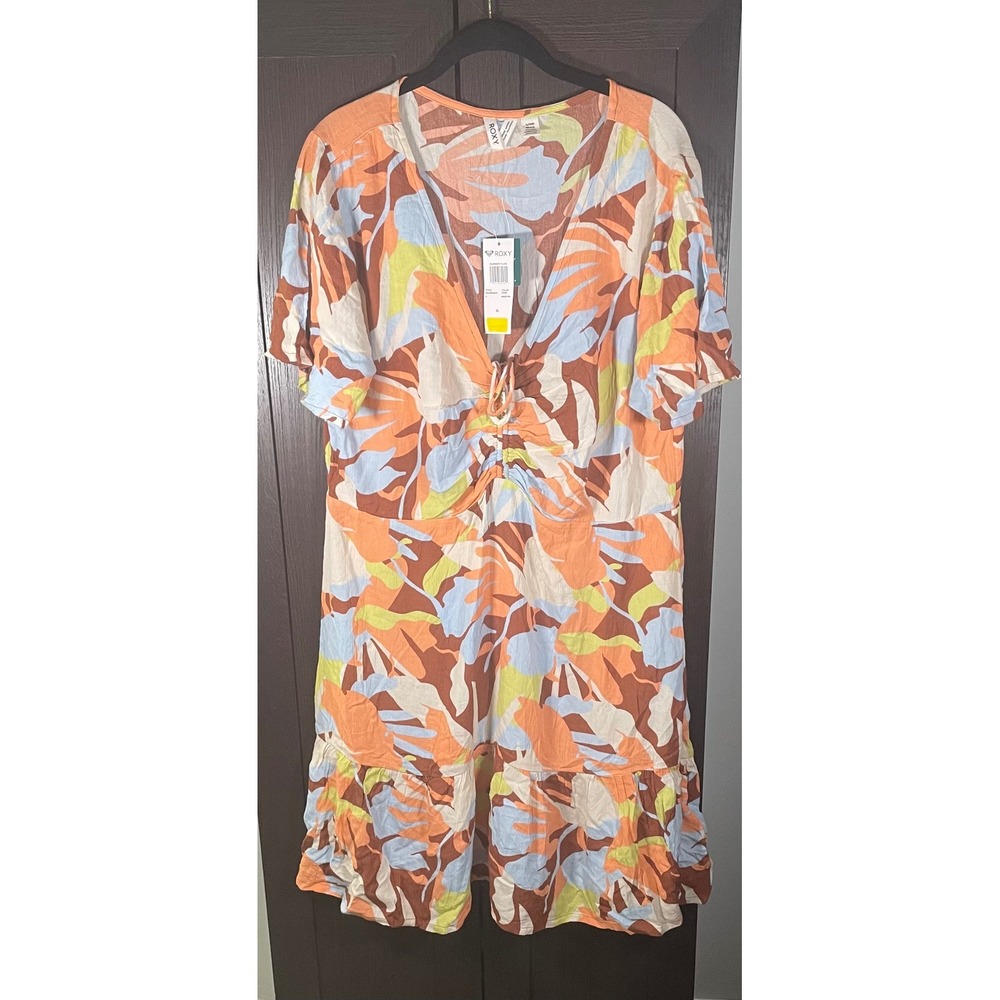 Roxy Women's XL Tropical Floral Midi Dress Boho Resort Beach Vacation Ruffle NWT